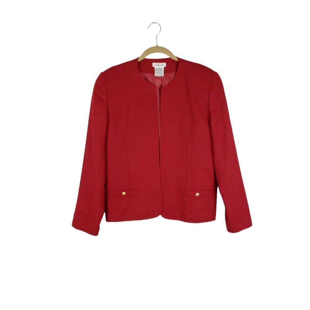Talbots Vintage Blazer Red Wool Jacket Gold Buttons Lined Crew Neck Open Size 12